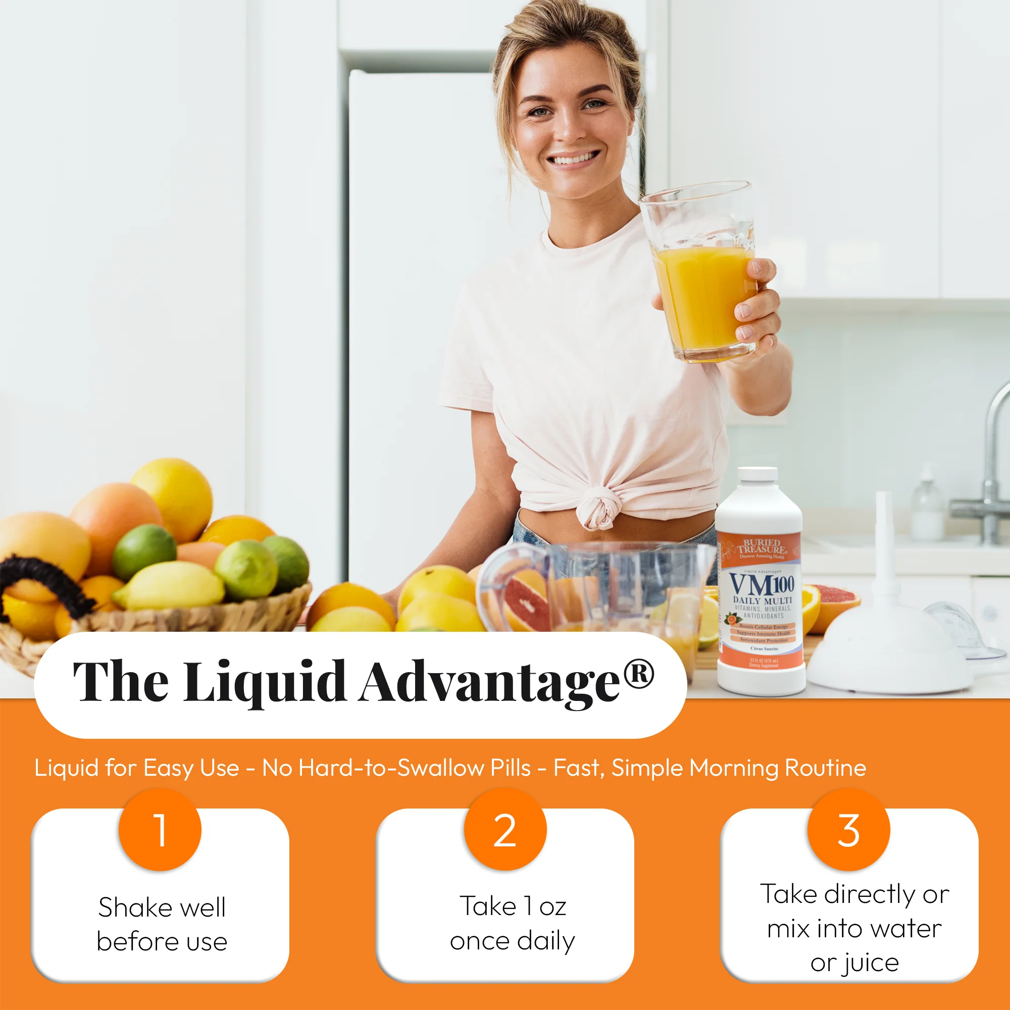 Buried Treasure Liquid Nutrients Buried Treasure VM100 Complete Daily Liquid Vitamins and Minerals plus Antioxidants Supplement with Dose Cup - Image 4